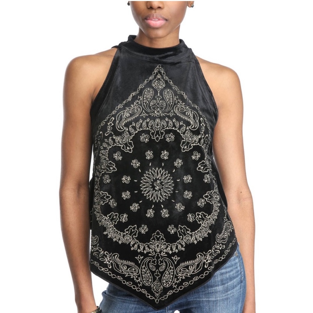 Free People Black Velvet Embroidered Bandana Top Women Size Large NWT